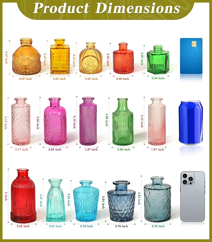 Set of 15 Colorful Glass Bud Vases - Small Textured Flower Vases for Centerpieces, Wedding Table Decor, Retro Home Decor Bulk Vase Set for DIY, Events & Gifts