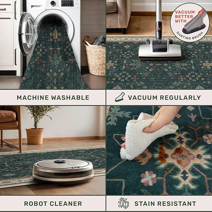 Dark Green Oushak 3x6 Kitchen Rug - Modern Vintage Boho Floral Moody, Washable Low Pile Non-Slip Area Rugs for Large Entryway, Door Mat Indoor Entrance, Kitchen, Bedroom Beside Bed