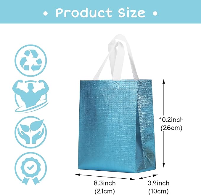 16 Pcs Metallic Bling Blue Gift Bags Bulk with Cardboard Bases, Glossy Small Reusable Party Bags for Birthday, Wedding, Christmas, Parties- 10.2x3.9x8.3 In