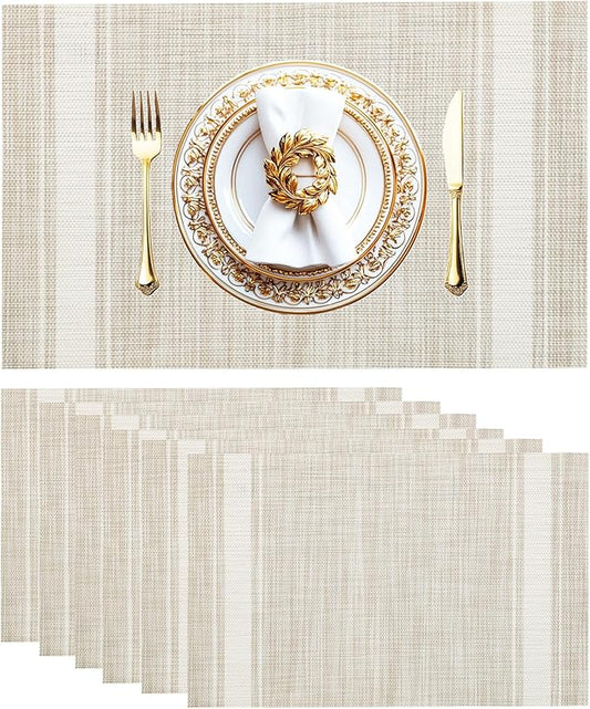 Placemats Set of 6 Vinyl Washable Placemats, 18"x12" Wipeable Heat-Resistant Non-Slip Easy Clean Table Mats Ideal for Dining Table Table Runner and Outdoor (6, Linen Wide Stripe)