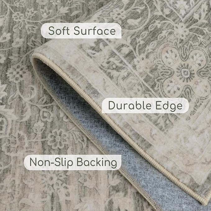 Fortsea Area Rug 7X9 for Living Room, Machine Washable Non Slip Vintage Rugs, Low Pile Lightweight Print Rug for Bedroom, Dining Room, Home Office (7x9 Sage/Ivory)