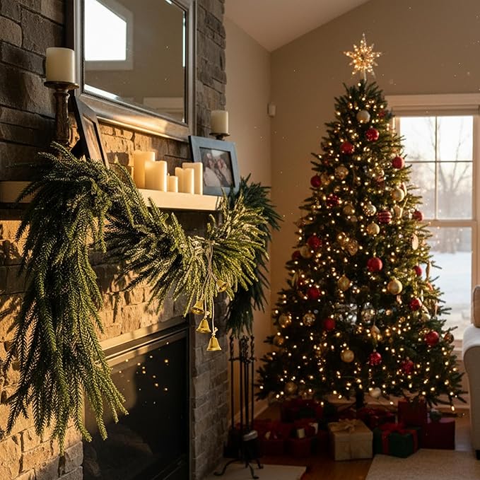 Worth Garden 2PCS 70in UV-Resistant Artificial Norfolk Pine Garlands, 6ft Green PVC Holiday Christmas Garland with Hidden Stem, Indoor Outdoor Rustic Mantel Staircase Porch Décor