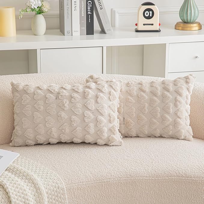 AQOTHES Set of 2 Heart Love Cute Beige Decorative Valentines Throw Pillow Covers 12x20, Soft Plush Faux Fur Pillow Covers for Couch Sofa Home Valentines Day Decoration