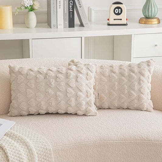 AQOTHES Set of 2 Heart Love Cute Beige Decorative Valentines Throw Pillow Covers 12x20, Soft Plush Faux Fur Pillow Covers for Couch Sofa Home Valentines Day Decoration
