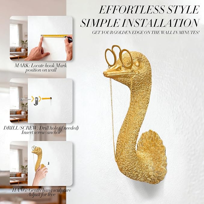 Juedawyal Gold Ostrich Wall Decor, Resin Animal Head Wall Mount Sculpture, Whimsical Modern Wall Art for Living Room, Hallway Staircase Home Office
