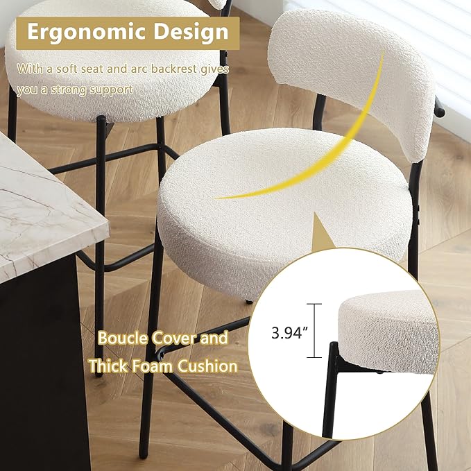 DYHOME Bar Stools Set of 2, White 28 Inches Boucle Counter Height Bar, Modern Bar stools Chairs Upholstered Barstools with Back & Footrest Metal Legs, Stools for Kitchen Island, Counter, Cafes