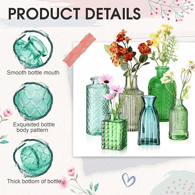Yaomiao 30 Pcs Vases Bulk Colored Flower Glass Bud Vases Valentine Vintage Colored Glass Bottles Colorful Rustic Embossed for Home Wedding Table Decorations Gifts(Green Series)