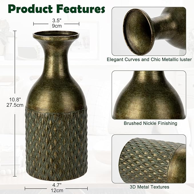 Embossed Metal Vase Floor Vase 11inch Table Centerpiece Home Décor Gift for Dried Flower and Artificial Floral Arrangements Living Room Bookshelf Mantel Table Wedding Decorative Vase Copper Green