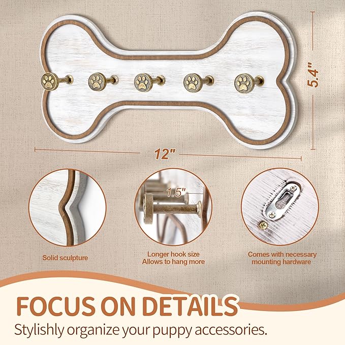 MTERSN Rustic Farmhouse Dog Leash Holder for Wall - Decorative Key Hooks Wall Mount with Bone Shape and Coat Hanger for Entryway - Pets Accessories Storage for Dog Lover Gifts (Distressed White)