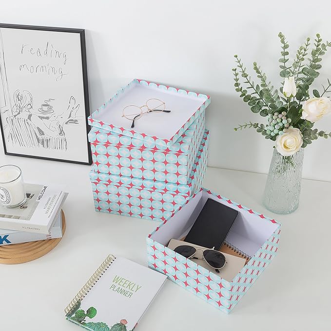 Soul & Lane Set of 3 Decorative Boxes with Lids, Square 11" x 11" Nesting Cardboard Storage for Home Décor in Green and Coral, Keepsake and Memory Boxes for Organizing, Retro Mint