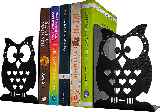 Metal Bookends, Owl Design, Black, 1 Pair, 6 Inch Tall