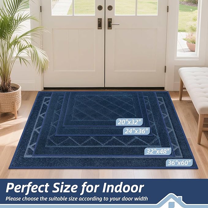 BEQHAUSE Dirt Trapper Door Mat 20" x 32", Doormat Non-Slip Entryway Rugs Washable, Dog Door Mat Stain Resistant and Absorbent Welcome Floor Mat for Front Back Door, Mud Wet Shoes & Paws, Navy Blue