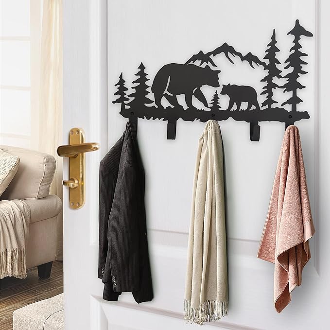 Metal Bear Coat Hooks Wall Art Decor-Bear Hangers and Key Holder-Animal Theme Hooks Sweet Home Decor for Storage, Living Room, Hallway, Office (Black)