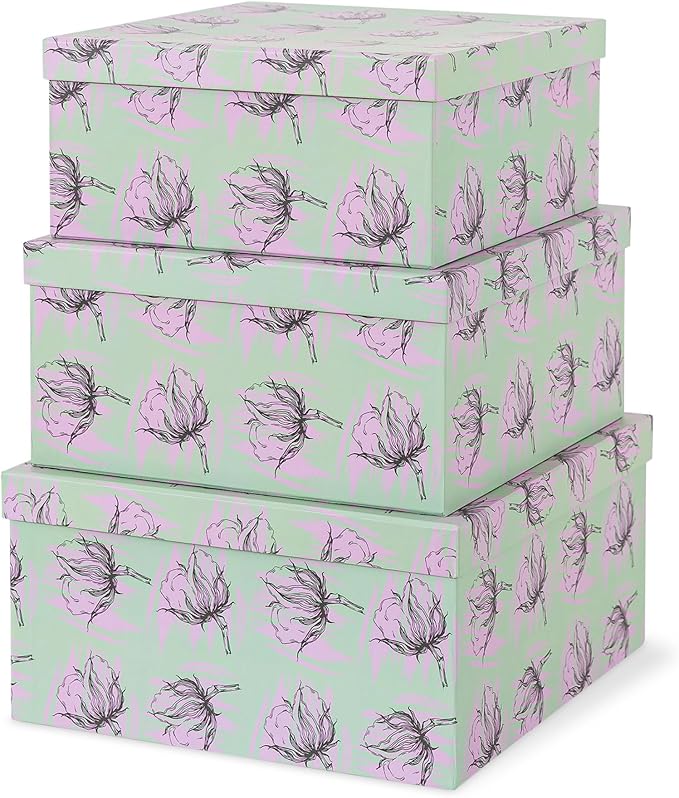 Soul & Lane Set of 3 Decorative Boxes with Lids, Square 11" x 11" Nesting Cardboard Storage for Home Décor in Green, Keepsake and Memory Boxes for Organizing, Sage Garden