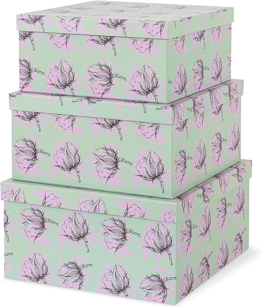 Soul & Lane Set of 3 Decorative Boxes with Lids, Square 11" x 11" Nesting Cardboard Storage for Home Décor in Green, Keepsake and Memory Boxes for Organizing, Sage Garden