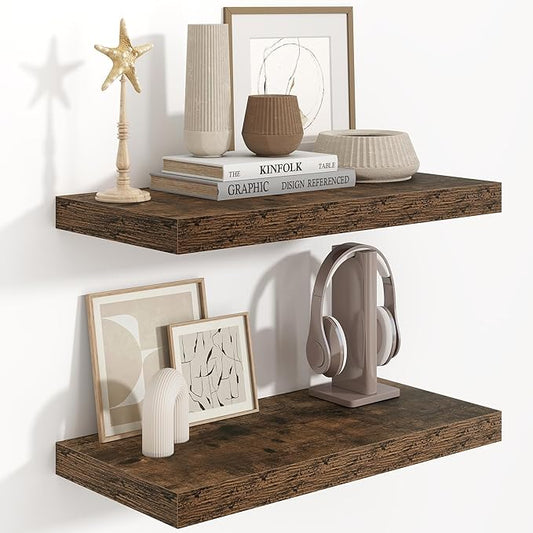 24"W x 9.3"D Floating Shelves for Wall, Wall Mounted Bathroom Shelves 2 Pack Deep Floating Shelf for Bedroom Kitchen Living Room, Rustic Wooden Wall Shelf with Invisible Bracket for Books Decor