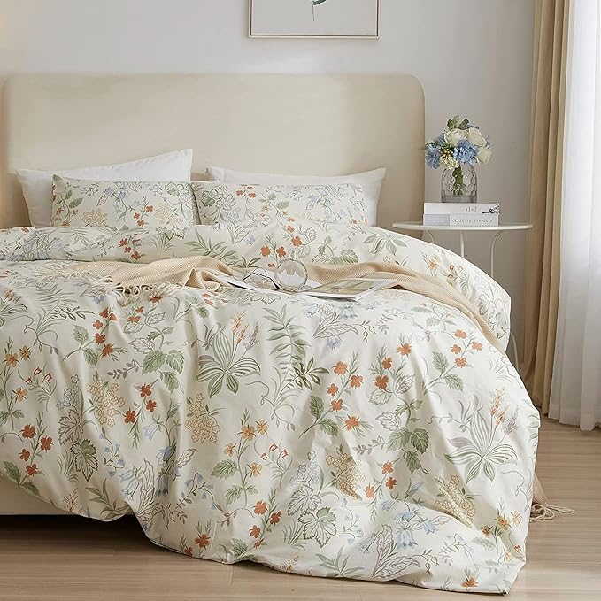 Chic Floral Duvet Cover Full Size Cotton Botanical Floral Bedding Sets Full Vintage Style Aesthetic Floral Comforter Cover Garden Flower Branches Pattern Full Bedding Sets with Zipper Closure 4 Ties