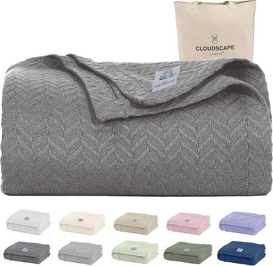 Cloud Scape Linen 100% Cotton Blanket Twin 68x92 Sharkskin - Cozy Herringbone Weave, Fits Up to Twin XL Size Beds, Breathable Softness, All-Season Warmth, Winter Blanket, Bedding Gift Choice