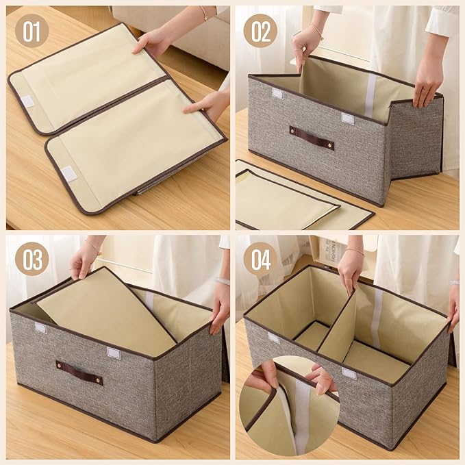 Linen Storage Boxes with Removable Dividers, 2-Pack Large Foldable Organizer Bins, Gray Fabric Containers with Handles for Clothes, Blankets, Underwear Storage (Beige, 2Pack*37.5L)