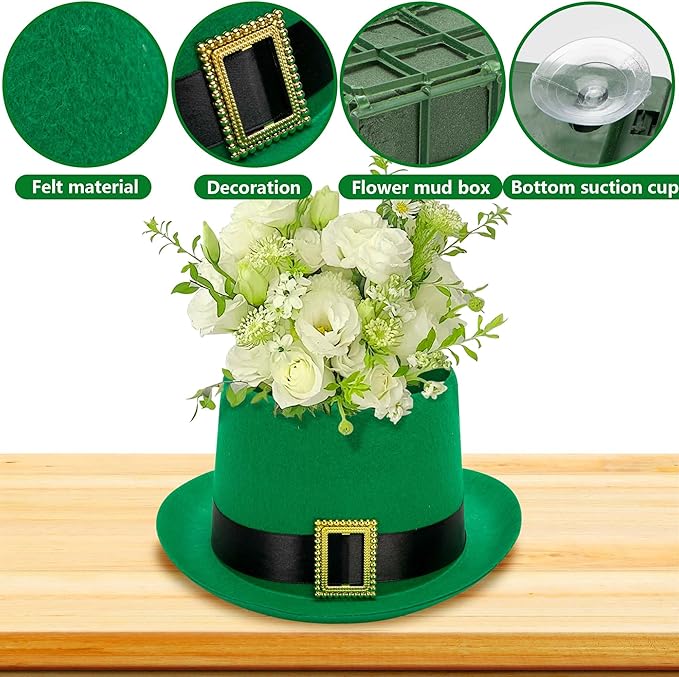 Watayo 2 Pack St. Patrick's Day Hat Flower Pot Set, Irish Green Top Hat Centerpiece with Flower Mud Box, DIY St. Patrick's Day Hat Plant Pots Flower Arrangement Container for Table Home Party Decor