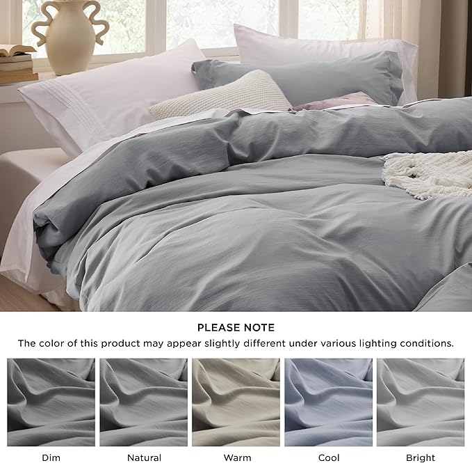 Bedsure Grey Duvet Covers Queen Size - Prewashed Cotton-Like Duvet Cover, Soft Queen Duvet Cover Set 3 Pieces with Zipper Closure, 1 Duvet Cover 90x90 inches and 2 Pillow Shams