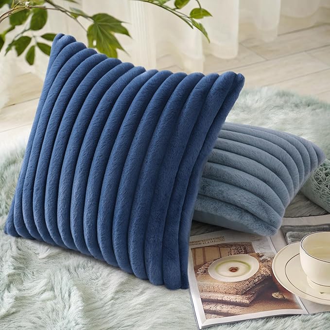 decorUhome Faux Fur Spring Throw Pillow Covers 20x20 Set of 2, Decorative Soft Plush Striped Neutral Couch Pillow Covers with Velvet Back for Sofa, Bed, Living Room Home, Blue