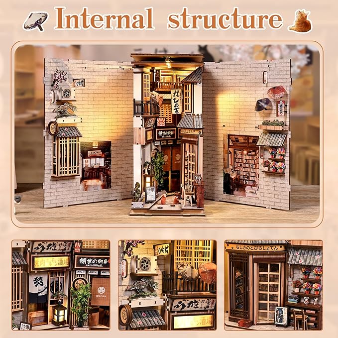 DIY Book Nook Kit - Japanese DIY Miniature House Kit for Adults,Dollhouse Kit 3D Wooden Puzzle Bookend Diorama Insert Decor,Gifts for Family Friends (The Alley Waiting for The Cat)