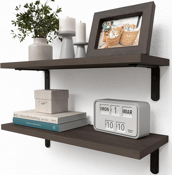 RICHER HOUSE Floating Shelves for Décor, Rustic Wood Wall Shelves for Bedroom Set of 2, Farmhouse Shelf for Bathroom, Hanging Shelves for Storage, Wall Mounted - Deep Brown