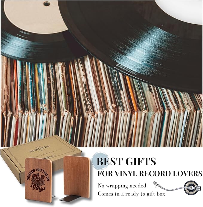 Gifts for Vinyl Record Lovers, Bookends for Vinyl Records, Vinyl Record Storage, Novelty Bookends Unique, Heavy Duty Wooden Book Ends for Shelves Decorative(1 Pair, 4.72x6.69 Inches)