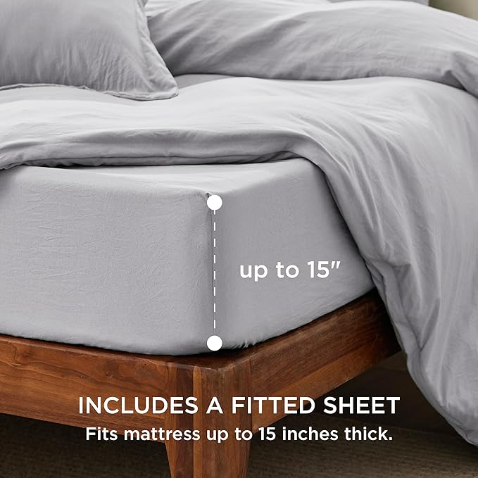 Bedsure Duvet Cover Queen Size with Fitted Sheet - 4 Pieces Prewashed Cotton-Like Extra Soft Bedding Set, Includes 1 Duvet Cover 90x90 Inches, 2 Pillow Shams, 1 Fitted Sheet, Light Grey