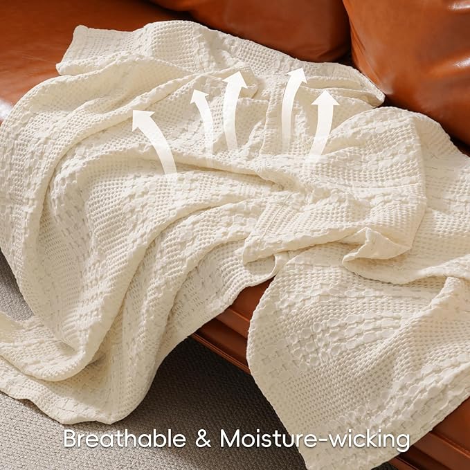 PHF 100% Cotton Waffle Weave Throw Blanket, Soft Lightweight Breathable Cozy Throws for Couch Bed Sofa, 300 GSM Luxury Aesthetic Blanket Gift for Home Decor & Office, 50"x60", Natural