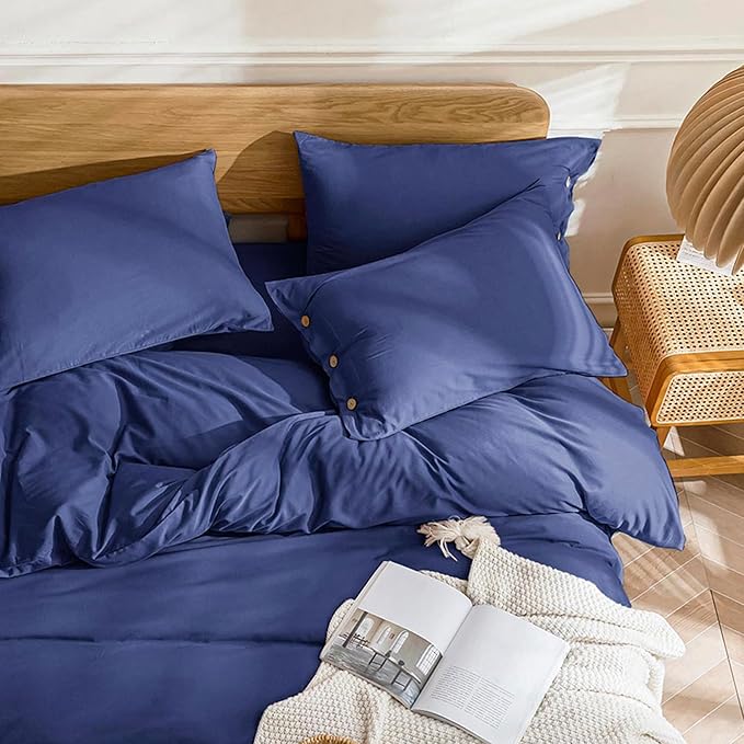 JELLYMONI Cotton Duvet Cover Full Size - Navy Blue Comforter Cover with Button 100% Washed Cotton 3PCS Breathable Soft Solid Bedding Set Duvet Cover 80×90in & 2 Pillowcases (NO Comforter)