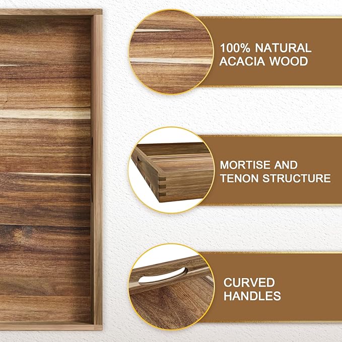 MAONAME Extra Large Square Ottoman Tray, 22" Acacia Wood Serving Tray for with Handles, Farmhouse Wooden Decorative Trays, Coffee Table Trays for Living Room, Countertop, Charcuterie