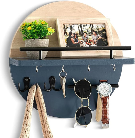 Key Holder for Wall Decorative with Shelf and Hooks, Mail Organizer Wall Mount with Sunglasses Holder, Circular Design Entryway Key Rack Hanger, Rustic Home Decor