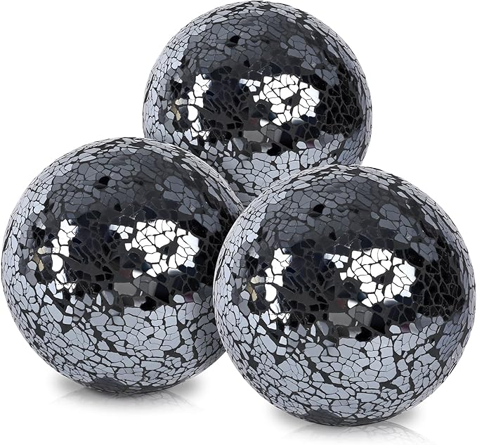 DomeStar 3PCS Decorative Balls for Bowls, 4 Inch Black Orbs Glass Balls for Centerpiece Bowls Mosaic Sphere for Home Decoration Dining Table