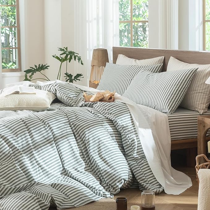 MooMee Striped Duvet Cover Set 100% Washed Cotton Linen Like Textured Breathable Durable Soft Comfy (Heathered Green Classic Stripes, Queen 90"x90")