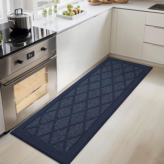 COSY HOMEER Kitchen Rug Non Slip Washable, 20"x48" Absorbent Kitchen Mats for Floor, Runner Rugs for Kitchen Floor, 100% Polypropylene Kitchen Sink Rug (Blue)