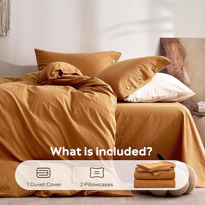 JELLYMONI 100% Washed Cotton Duvet Cover Queen – Soft, Breathable Linen-Look Bedding with Natural Wrinkle Texture, Button Closure, 3-Piece Set (Amber Orange, 90"x90")