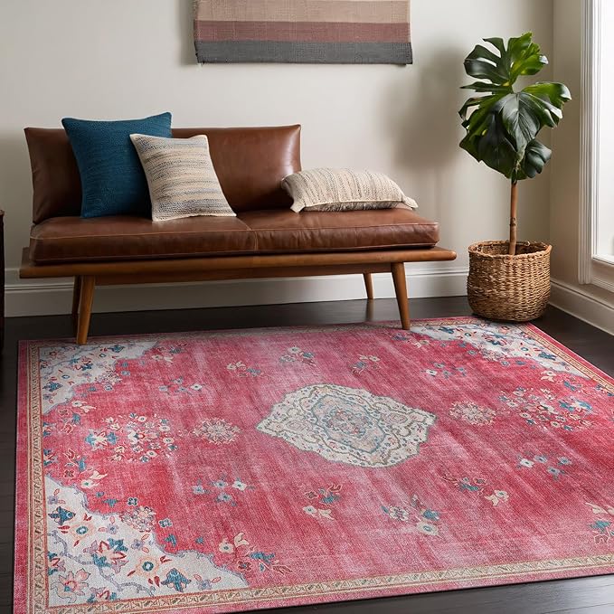 Beverly Rug Non Slip Rugs 5x7 Boho Medallion Floral Non Skid Rubber Backing Easy Silk Soft Area Rug for Living Room Easy to Clean Non Shedding Kitchen Bedroom Indoor Carpet (5 x 7 Fuchsia - Cream)