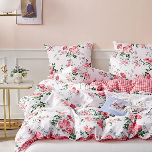 Botanical Floral Duvet Cover King Vintage Garden Flower Duvet Cover 100% Microfiber Floral Comforter Cover Reversible Pink Plaid Wildflower Duvet Cover with Zipper Ties Boho Cottagecore Bedding Set