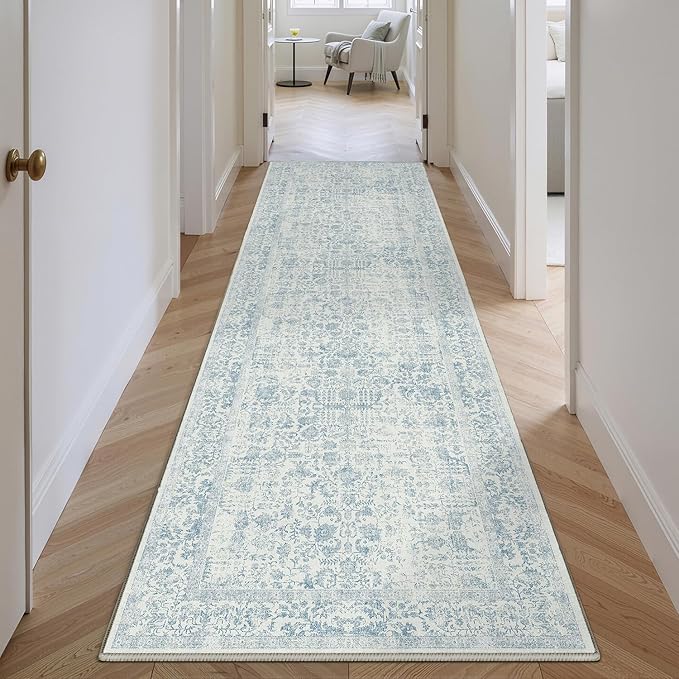 PureCozy Blue Runner Rug 3x8 Hallway Machine Washable Kitchen Vintage Distressed Non Slip Long Carpet Indoor Retro Floral Bedroom Accent Throw Rug for Bathroom Office Laundry Dining Room
