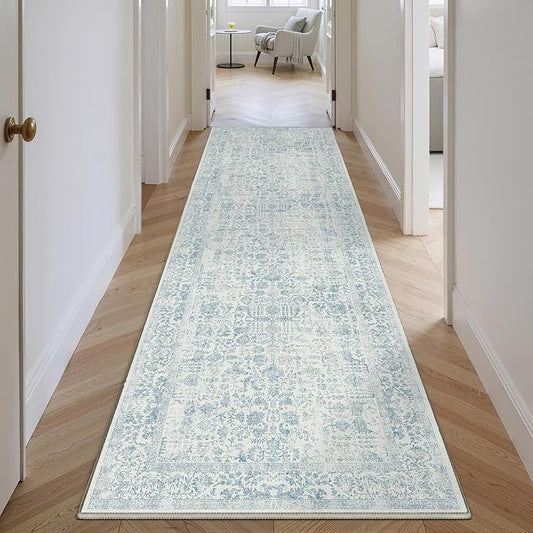 PureCozy Blue Runner Rug 3x8 Hallway Machine Washable Kitchen Vintage Distressed Non Slip Long Carpet Indoor Retro Floral Bedroom Accent Throw Rug for Bathroom Office Laundry Dining Room