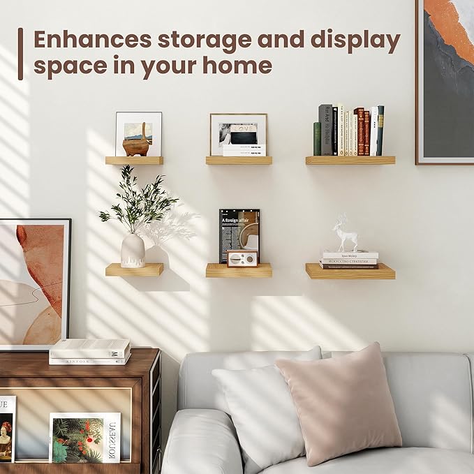 Fun Memories Floating Shelves for Wall - 7.5 Inch Square Shelves with Invisible Brackets, Oak Small Wall Shelf for Living Room, Bathroom, Bedroom, and Kitchen Decor，Set of 4
