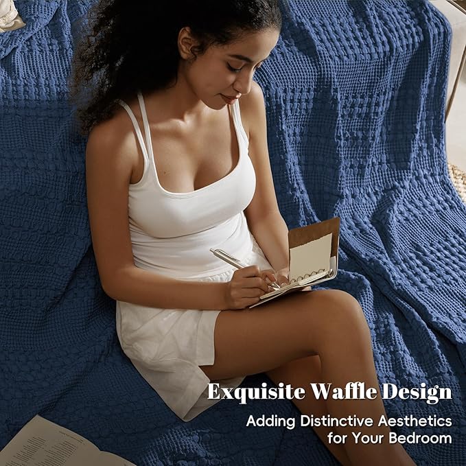 PHF 100% Cotton Waffle Weave Blanket Twin Size for Bed, Soft Lightweight & Breathable, All-Season Comfort, 300 GSM Luxury Aesthetic Blanket for Home Decor, 66"x90", Blue Sapphire
