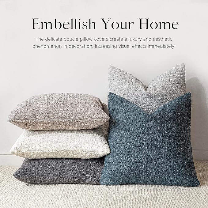 Foindtower Textured Boucle Throw Pillow Covers Accent Solid Pillow Cases Cozy Soft Decorative Couch Cushion Case for Chair Sofa Bedroom Living Room Home Decor, 18 x 18 Inch,Blue