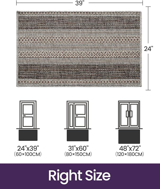 DEXI Dirt Trapper Door Mat, 24x39 Washable Doormat, Dirt Resistant and Absorbent, Easy Clean Low-Profile Floor Rugs for Entryway, Front Door, and Inside Entrance, Striped Brown