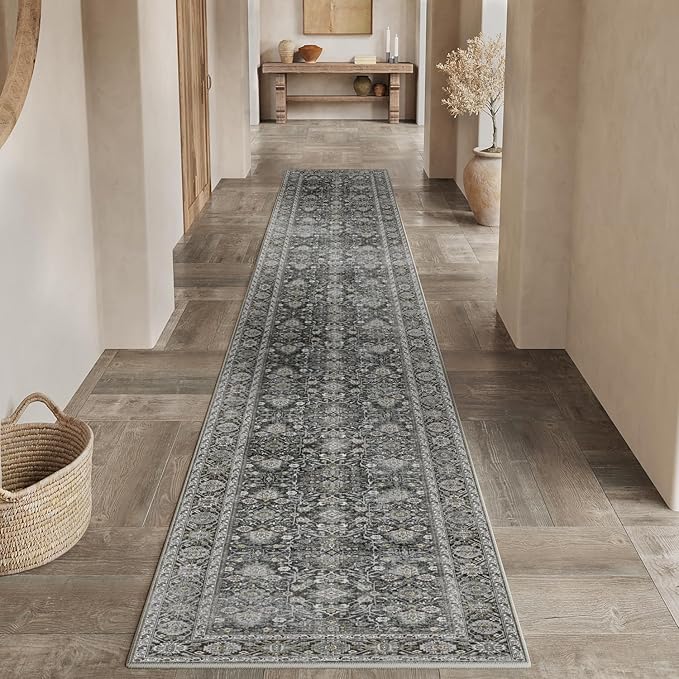 PureCozy Black Runner Rug 2x10 Vintage Area Carpet Hallway Long Indoor Kitchen Washable Living Room Low Pile Traditional Distressed Retro Accent Throw Rug Non Slip Laundry Bathroom Office Dining Room