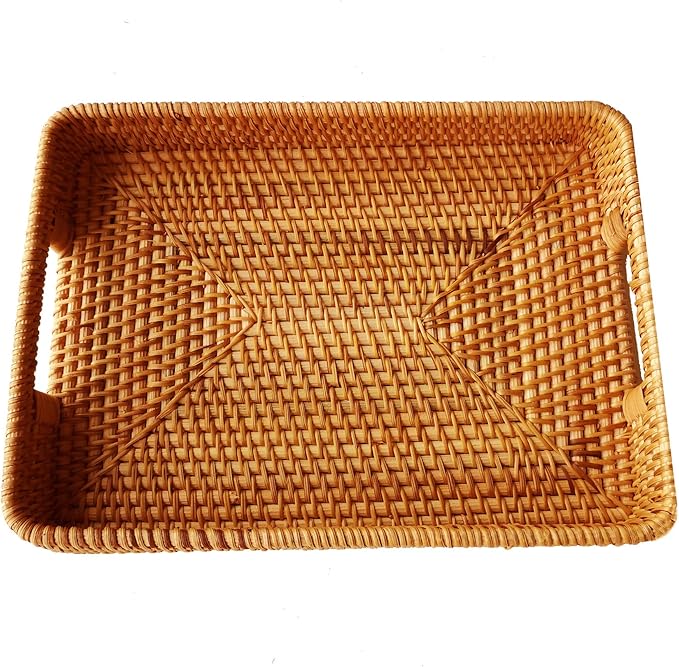 i-lan 2 Pack Natural Rattan Serving Trays with Handles – Handwoven Rectangular Wicker Baskets for Food, Bread, Fruit | Decorative Storage & Table Organizer with 2-Inch Wall (Small + Large)