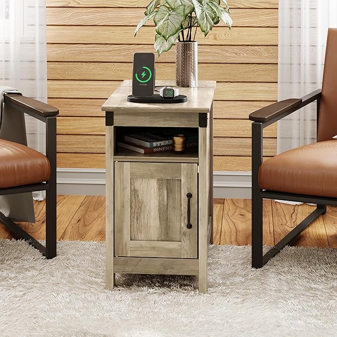 WLIVE End Table with Charging Station, Narrow Side Table for Living Room, Farmhouse Night Stand with Storage, Small Wooden Nightstand with USB Ports and Outlets for Living Room and Bedroom, Greige