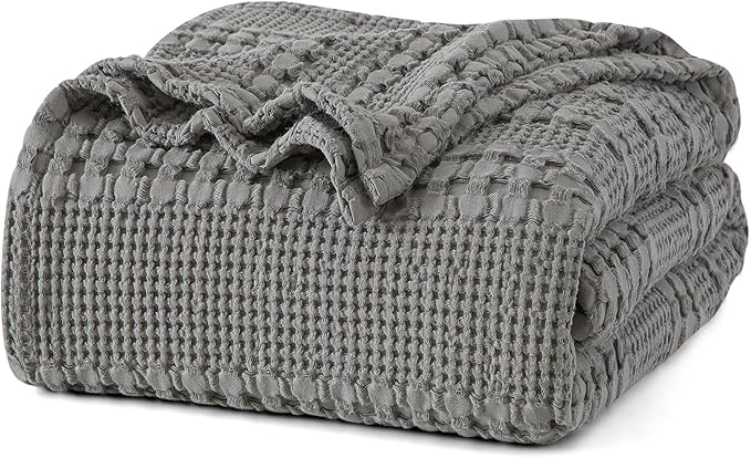PHF 100% Cotton Waffle Weave Blanket Queen Size for Bed, Soft Lightweight & Breathable, All-Season Comfort, 300 GSM Luxury Aesthetic Blanket for Home Decor, 90"x90", Dark Grey